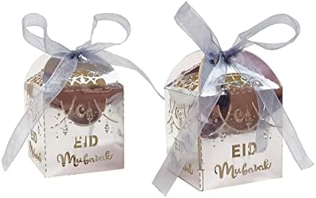 Kymy 30pcs Eid Mubarak Candy Caixas, cor prateada Ramadan Goodie Caixas de presente para lanches de açúcar, Eid Mubarak Hollow Boxes de embrulho com fita para decorações de festa Eid