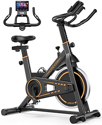Bicicleta de ciclismo indoor urevo, bicicleta de exercício estacionário com volante pesado ， Montagem do iPad, almofada de