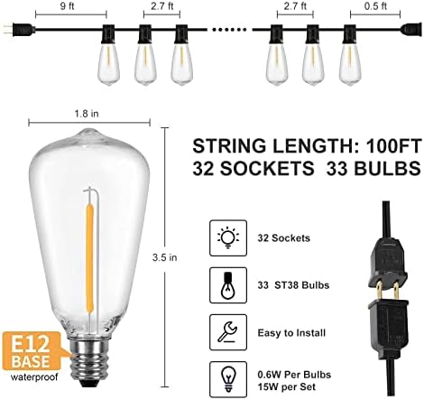 Lightnum ST38 LEDS LUZES DE FUNHA ANTERIOR DO LED LUZES DE 100 pés de pátio com 32 lâmpadas de Edison vintage à prova de quebra,