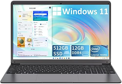 Computador de laptop waicid de 15,6 polegadas, 512 GB de laptop SSD 12 GB DDR4 Windows 11, Intel Celeron N5095 Quad Core, 1080p IPS Full HD, 2 USB 3.0, USB Type-C, WiFi de banda dupla, Bluetooth 4.2, bateria longa