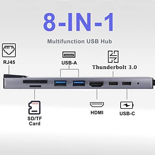 USB C Hub, Wujo 8 em 1 adaptador USB C com 4K HDMI, 1 Gbps Ethernet, 87W tipo C PD, Thunderbolt 3 Porta USBC, 2 USB 3.0,