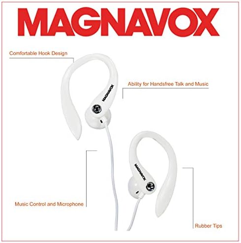 Magnavox MHP4854-WH Earhook fones de ouvido com microfone e cabo emborrachado em branco