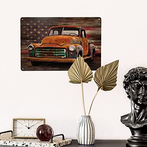 Decoração de parede de lata de metal da bandeira americana vintage, caminhão retro velho com a placa de placa de bandeira dos EUA