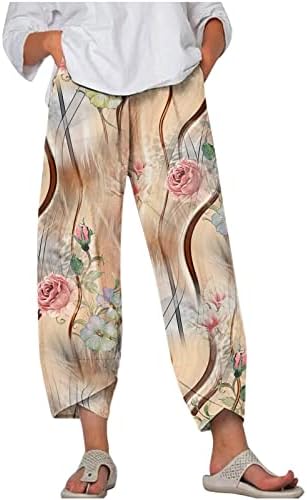 calças de linho lcziwo para mulheres de verão casual coloração sólida cintura elástica elástica elástica bainha diminuiu as paisagens de moletom