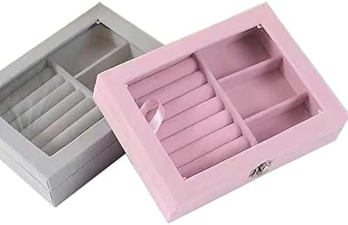 Caixa de jóias Philopack com Clar Lid Pink Velvet Jewelry Bandejas Organizador de armazenamento de porta