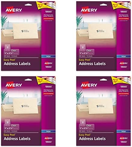 Avery Easy Peel Permanente Endereço Rótulos, 18660, 1 x 2 5/8, Clear, pacote de 300 pacote de 4