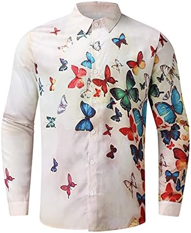Camisas de linho de algodão Wocachi para masculino, botão de verão para baixo de manga comprida Butterfly boho imprimir