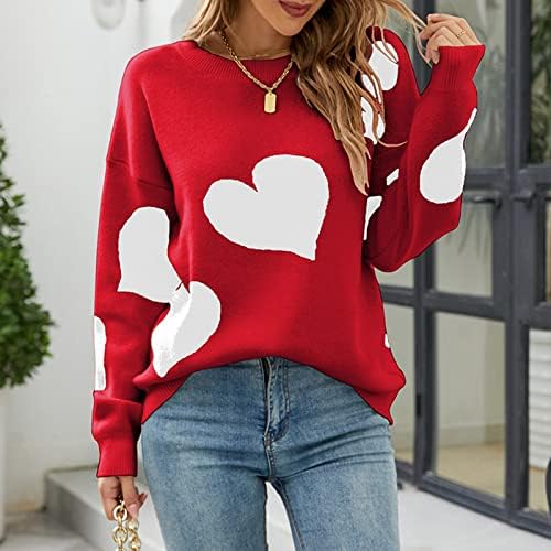 Mulheres fofas de estampa de coração suéteres casuais leves de tricotar leves suéter de túnica de manga comprida no pescoço
