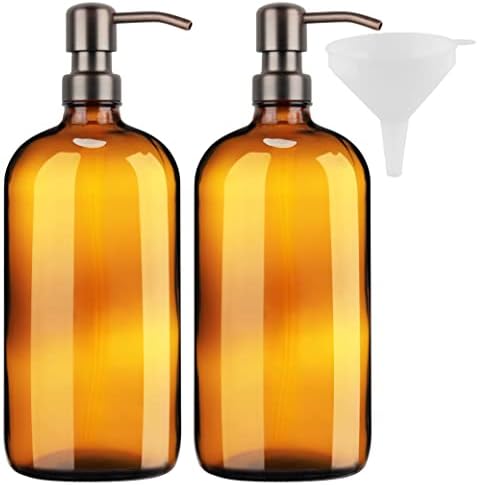 Kitchentoolz Amber Glass Soap Dispenser 4 Pack 32 Oz Bombas Bomba de aço inoxidável à prova de ferrugem, funil. Modern Farmhouse Vintage, Acessórios de cozinha do banheiro- garrafas escuras com bombas pretas foscas
