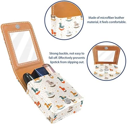 Caso pequeno de batom de madeira com espelho para bolsa, suporte de maquiagem cosmética de couro durável, kit de armazenamento cosmético de viagem portátil
