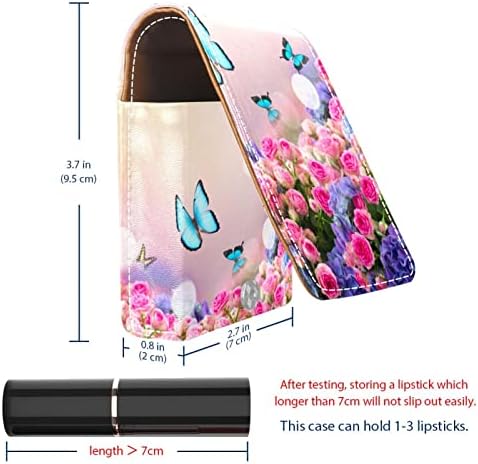 Caixa de batom mini mini com espelho para bolsa, Rose Flower Garden Butterfly Couro Cosmético Soldador de maquiagem, segura