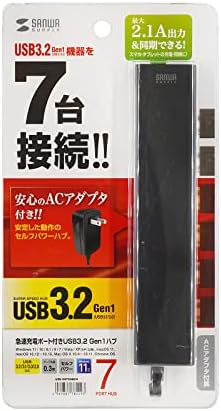 Sanwa Supply USB-3H703BKN USB 3.2 GEN1 Hub de 7 portas com porta de carregamento rápido, preto