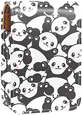 Caixa fofa de batom de padrão sem costura panda para viajar para fora, mini bolsa cosmética de couro macio com espelho, portátil de maquiagem de mão