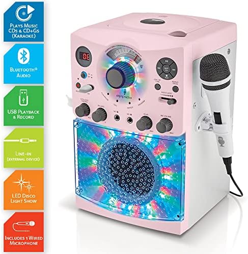Máquina de cantar SML385UP Bluetooth Karaoke System com luzes de discoteca LED, CD+G, USB e Microfone, Rose Gold/Pink