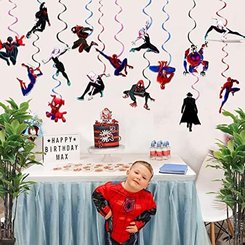 30pcs Miles Morales Birthday Decorações, aranha pendurada redemoinhos para suprimentos de festa de aranha preta