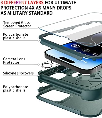 Divertbox para iPhone 14 Pro Max Case [SHOCKSOOF] [Dropproof] [com protetor de tela de vidro temperado + protetor de lente da câmera], capa de proteção de proteção pesada para Apple iPhone 14 Pro Max Green escuro verde escuro