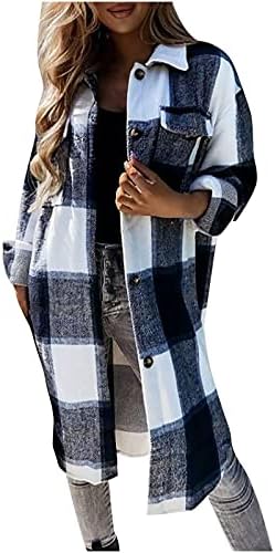 Jaquetas xadrezas para mulheres de lapela do botão de lã Shacket Wool com bolsos de manga comprida