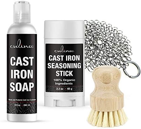 Culina Cast Iron Suarying Stick & Soap & Stoinless Screwber & Brush | Todos os ingredientes naturais | Melhor para limpeza,