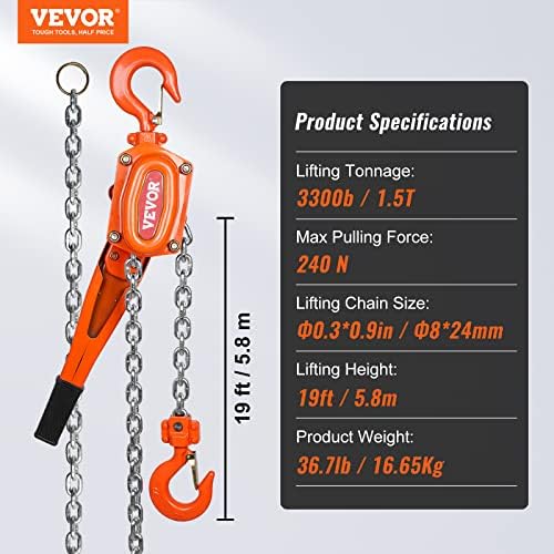 HappyBuy Manual Chain Hoist, 1-1/2 tonelada 3300 lbs capacidade 20 pés aparecem, aço galvanizado de G80 com freio de