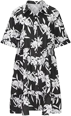 Vestidos de camisa floral de tamanho grande Mulheres verão de manga curta Vestido de lapido de pescoço de pescoço na cintura alta