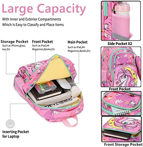 BOESHIBA 3PCS Set Girls Unicorn Backpack School Bookbag com lanche de lápis para crianças meninas meninas