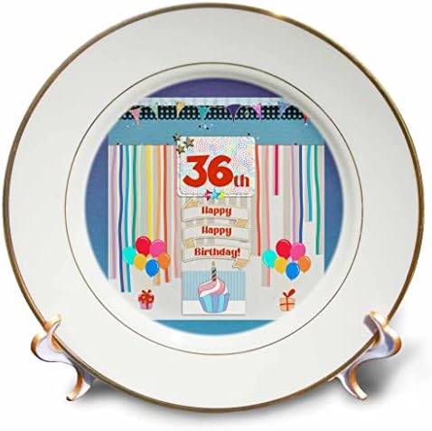 Imagem 3drose de 36ª etiqueta de aniversário, cupcake, vela, balões, presente, serpentinas - placas