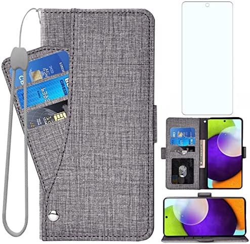 ASUWISH Compatível com Samsung Galaxy A52 5G/4G Caixa da carteira Temperada Protetor de tela de vidro e lasca de couro Casas de telefone para celular para Glaxay A 52 G5 Gaxaly 52a S52 Mulheres homens cinza