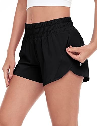 Heynuts Stride Brincho para mulheres, shorts atléticos de cintura média com shorts de treino de bolso lateral com revestimento