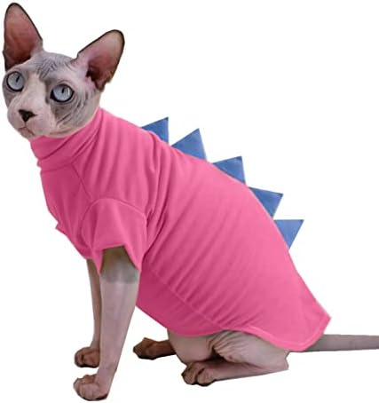 Design de dinossauros Sfynx Roupos de gato sem pêlos Camisetas de algodão de verão, roupas de algodão de verão, roupas de estimação de gatos, camisetas de gatinho de colarinho redondo com mangas, gatos e vestuário de cães pequenos, rosa)