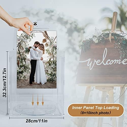 Caixa de cartão de casamento de acrílico de Ywlake com moldura para fotos 8x10, grande envelope rotável Post DINHEIRO