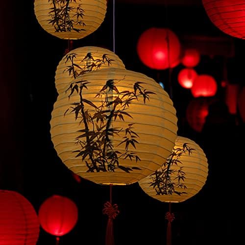 Lanternas de papel penduradas do bestoyard com luzes de madeira LED e bastão chinês de nó chinês colorido lanterna de papel redonda