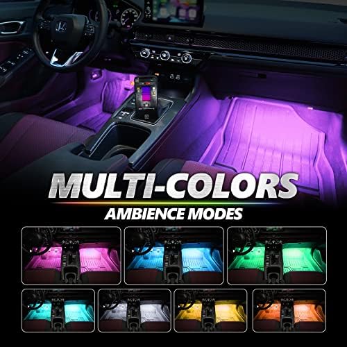 Opt7 Aura Pro Bluetooth Interior Car Kit, 4pc RGB LED RGB Faixa LED, com SoundSync, Assistência da porta, Decoração de ambiente de modo multi -color