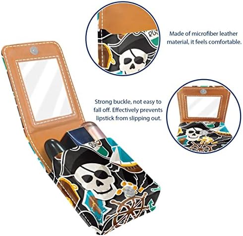 Caixa de batom náutico pirata antiqeu para viajar para fora, mini bolsa cosmética de couro macio com espelho, saco de organizador