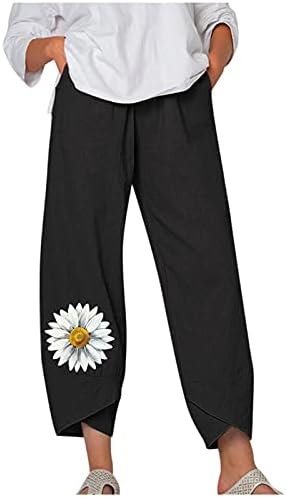 Calça estampada de linho de algodão ubst para mulheres calça elástica de cintura com bolso de bolso ladras soltas casuais harém calças de harém
