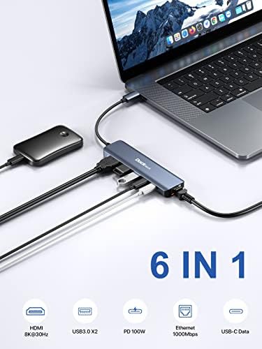 USB C Hub, USB C a 8k@30Hz HDMI Multiation Adaptador, DockTeck 6 em 1 dongle USB-C com 8K HDMI, USB-C e 2 portas de dados USB-A 5 Gbps,