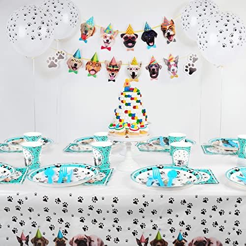 124 PCS Supplies de festa para cães, decorações de festas com temas de aniversário com pratos de cães, balões, banner,