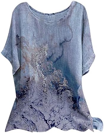 Fragarn Womens Summer tops casual linho de algodão solto redondo pescoço de pescoço elegante tie-dye impressão laminada manga confortável