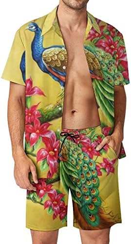 Peacock Men 2 peças Hawaiian Set Button-Down Shirve Shirts Calças de praia Faixa Fit