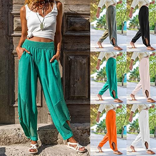 Calças de linho gumipy para mulheres de malha elástica da cintura recorda Capri Pants Casual calças de harém cônicas boho calças hippies soltas