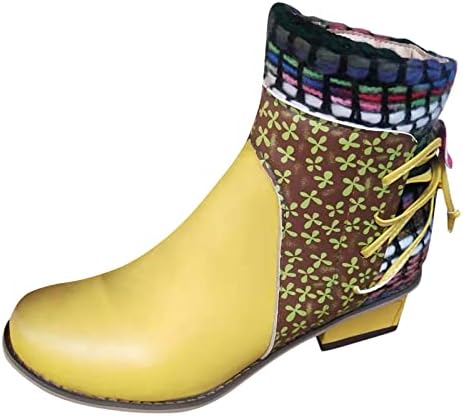 Botas de tornozelo para mulheres vintage estilo étnico retalhos redondos redondos de dedo dedo botas de combate de calcanhar