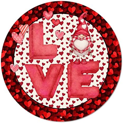 Placa de placa de metal redonda Feliz Dia dos Namorados Gnomos Love Hearts Circling Wreath Sign Sign da barra vintage Prints de arte