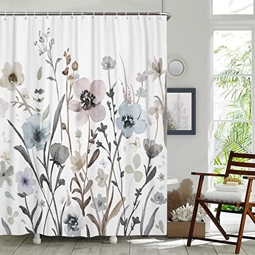 Flores de cortina de chuveiro rexful, cortinas de chuveiro boho para banheiro para banheiro branco cinza rosa conjunto de cortinas