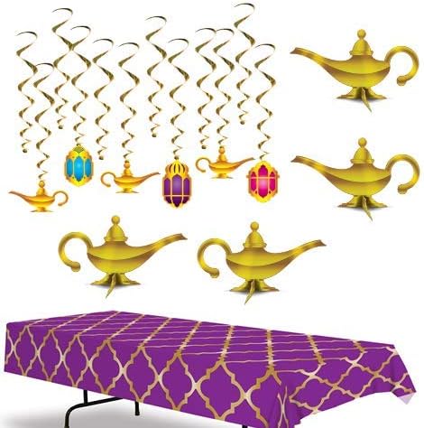 Decorações noites da Arábia com recuperação de mesa de treliça roxa e dourada, lâmpada de genie e giradores de lanternas e lâmpadas