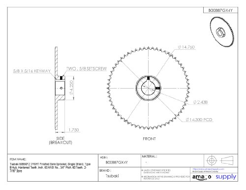 Tsubaki 60b9f-1 terminou as rodascelas, fios únicos, dentes endurecidos, polegada, 60 ANSI No., pitch de 3/4 , 9 dentes, 1 Bore