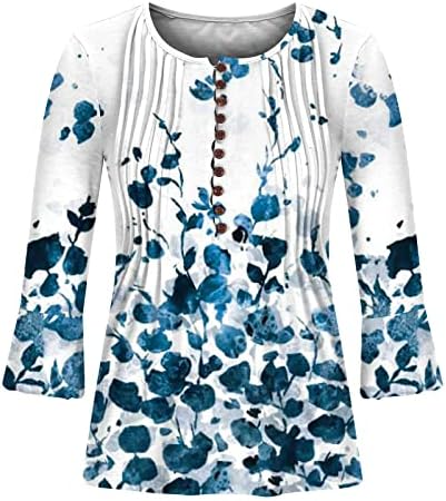 Tops femininos estampados florais 3/4 manga Henley Crewneck Camise