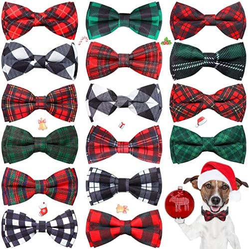 16 PCs de Natal de inverno Pet Pet Bow Tela Anexo, Preto Plaid Branco Briche Redimento Verde Visor Verde Cola Cola para Cola para Decoração de Férias de Inverno de Natal