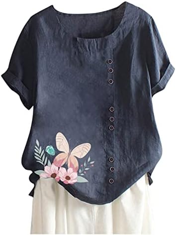 Crewneck lineark de manga curta algodão Butterfly Floral Graphic Casual Top Camise para meninas outono Summer Summer S6 S6