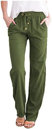 Calças de linho QSXLTs para mulheres - Linho de algodão casual feminino Palazzo calça de verão calças de calça de calça com bolsos