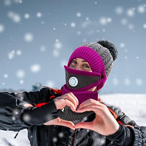 Máscara de lenço para adultos Conjunto de máscara de lã de inverno Chapéu à prova de vento Hat para chapéu de esqui integrado com pompom