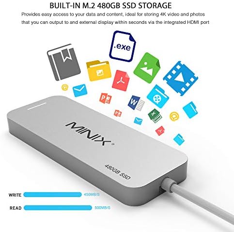 Minix Neo Storage, 480 GB de alumínio USB-C Multiporta de estado sólido aciona o cubo de armazenamento com saída de exibição 4K